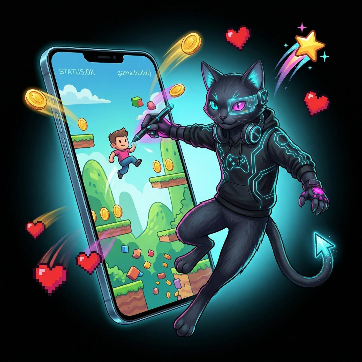 Unity mobile game development in Malaysia — platformer gameplay bursting out of a phone